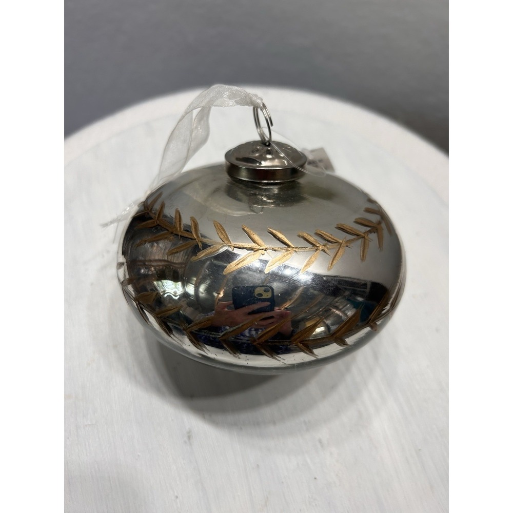 Vintage LARGE glass Christmas Tree Ornament 5"x5" Silver Blown Glass Gold Detail